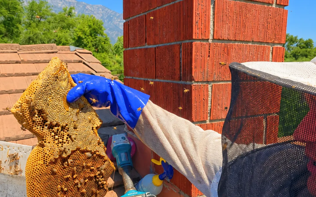 Eli removing a hive beside a brick chimney in Upland