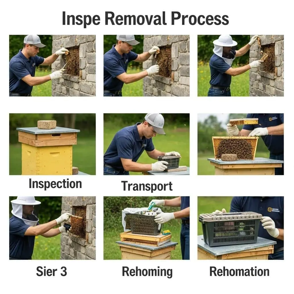 Illustrated steps showing humane bee removal and relocation to an apiary