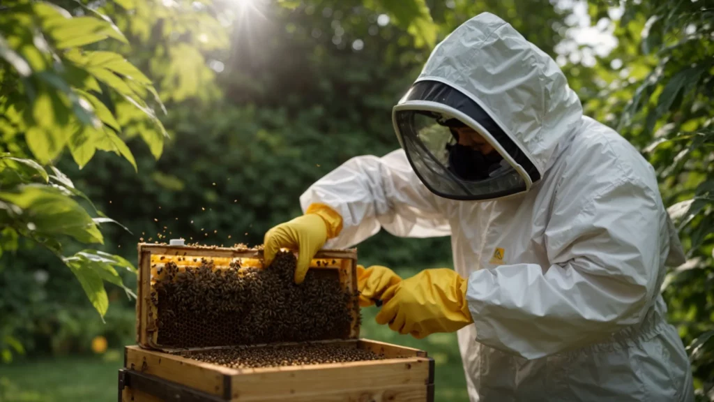 a skilled technician, clad in protective gear, confidently removes a honey-filled beehive from a lush green backyard, highlighting the expertise and care required for safe removal.