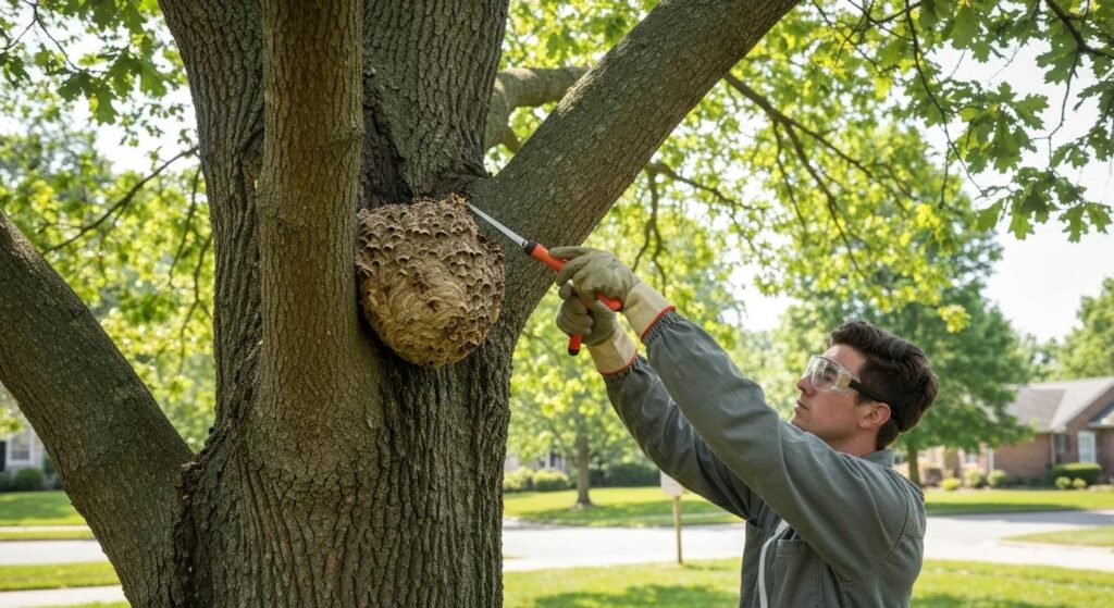 Technician in protective gear removing a wasp nest from a tree