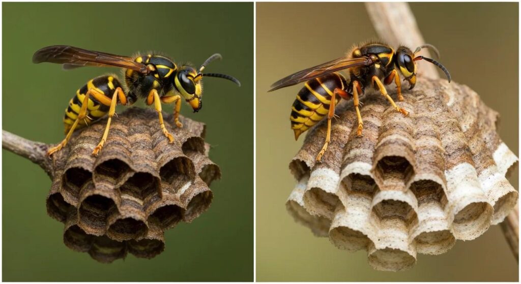 Yellow jacket, hornet, and paper wasp with their nests for species identification