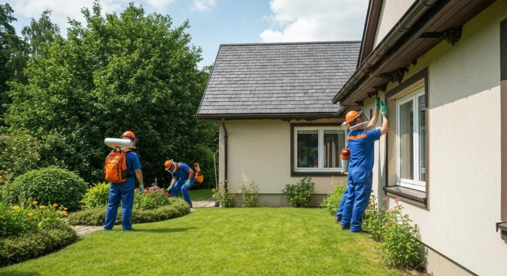Pest control professionals inspecting a property for wasp nests