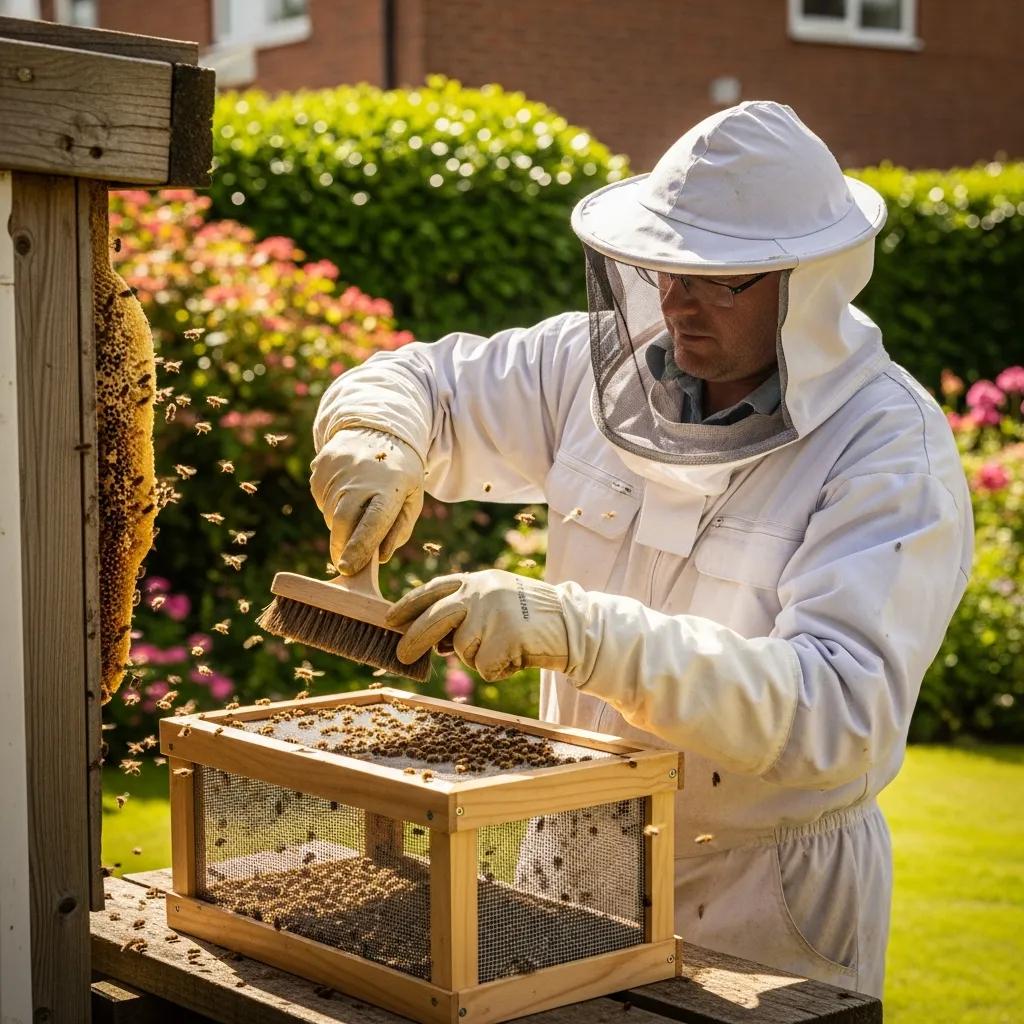 Bee removal technician carefully extracting a bee colony in a residential garden