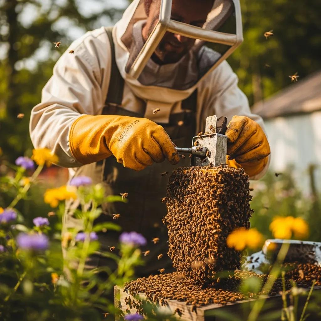 Beekeeper handling bees during live removal, highlighting the importance of humane bee relocation
