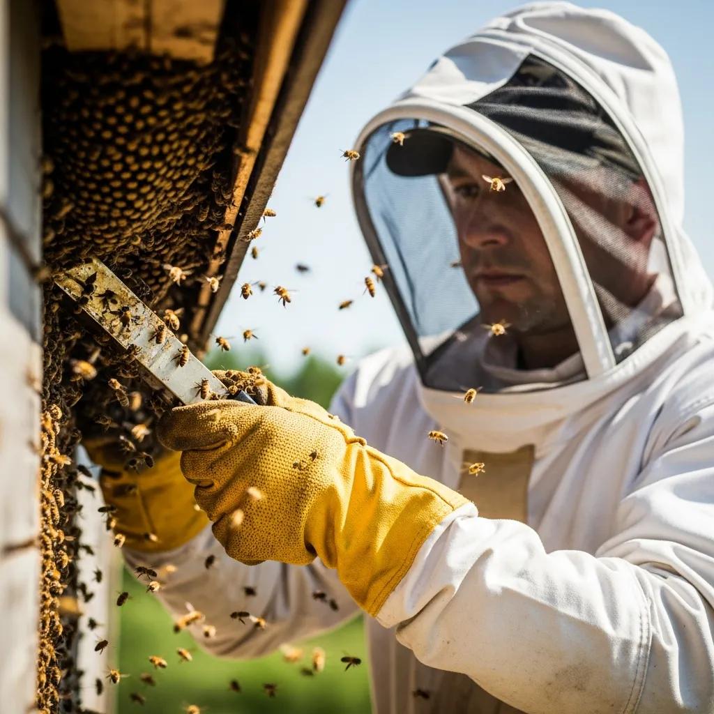 Close-up of a relocated bee colony settling into a new hive, showing teamwork and resilience