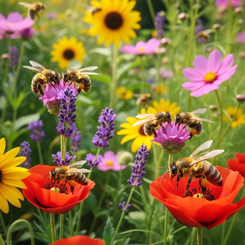 Bees visiting flowers in a garden, illustrating benefits of pollination