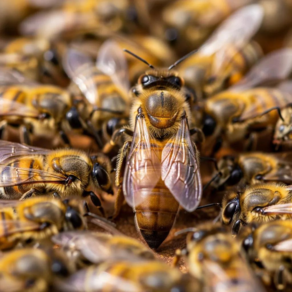 Close-up of a queen bee in a hive with worker bees, highlighting her role in colony dynamics