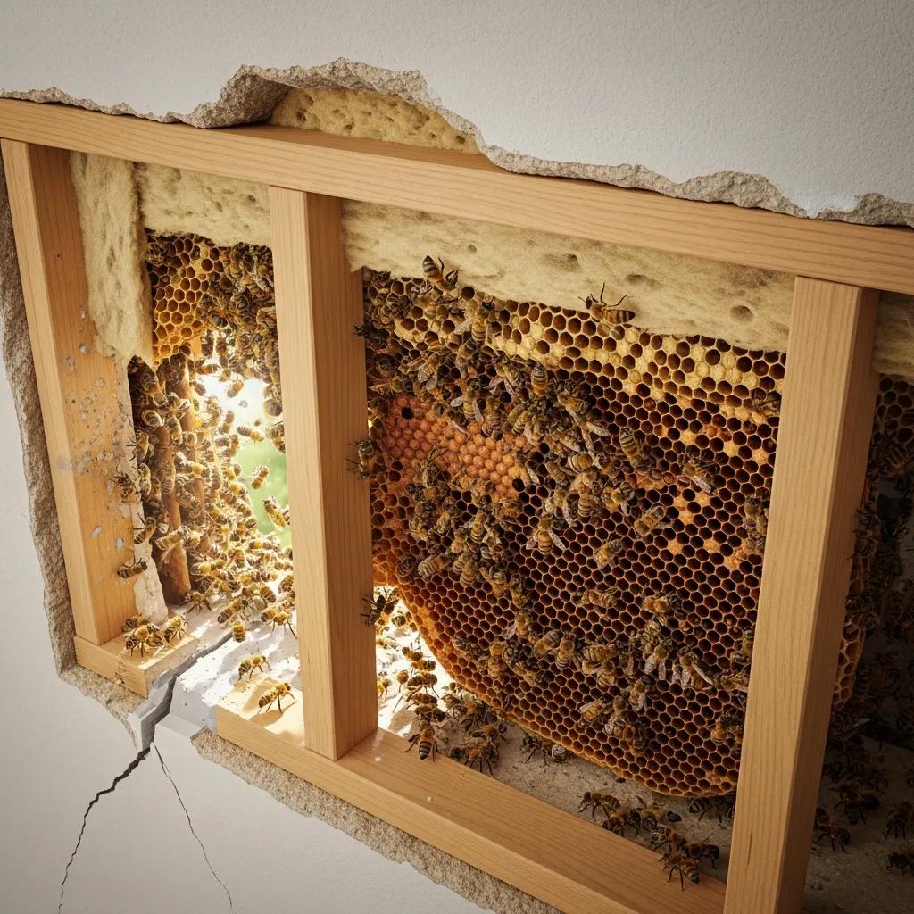 Close-up of a hidden bee hive with bees and honeycomb in a wall cavity
