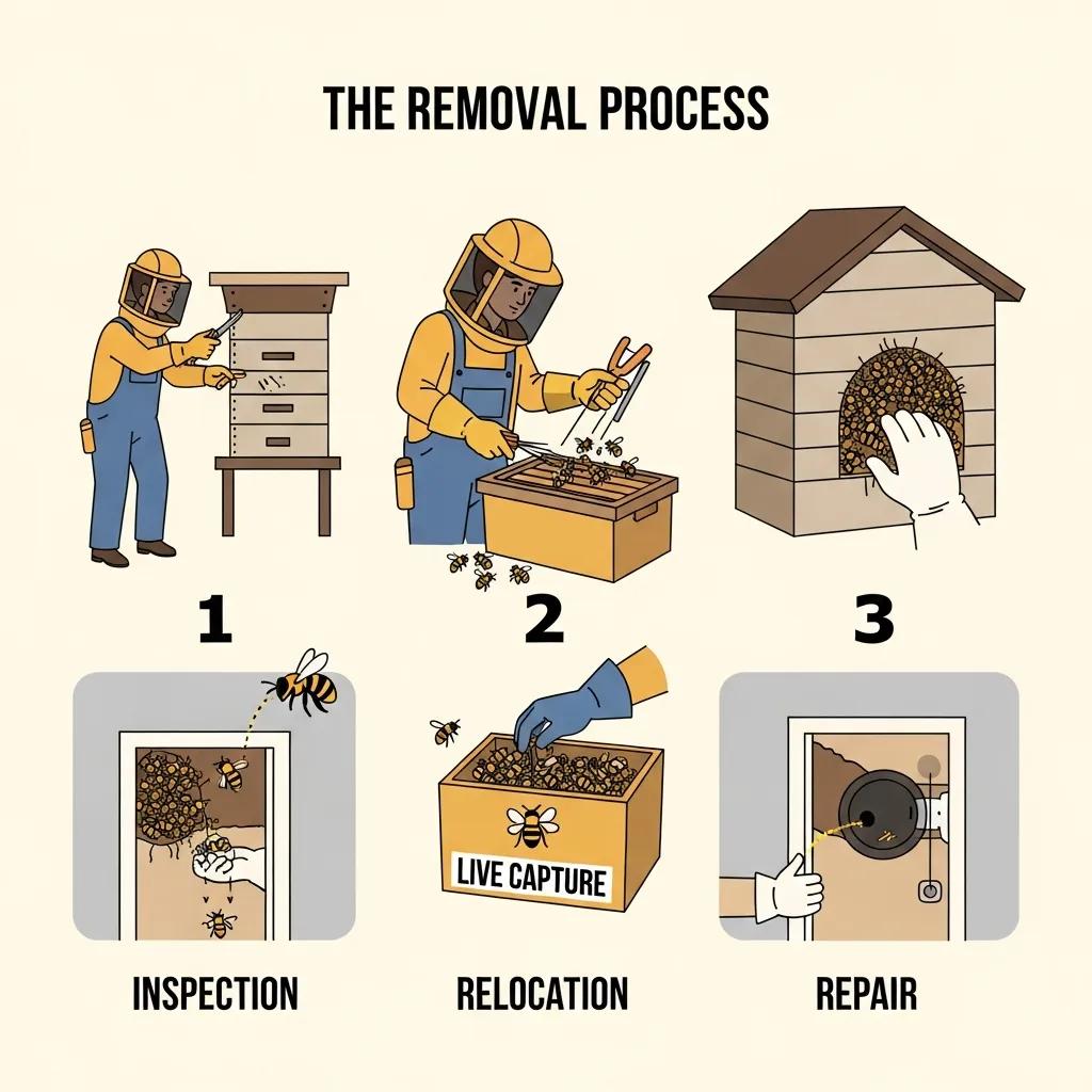 Diagram showing the bee removal process: inspection, extraction, relocation, and repair