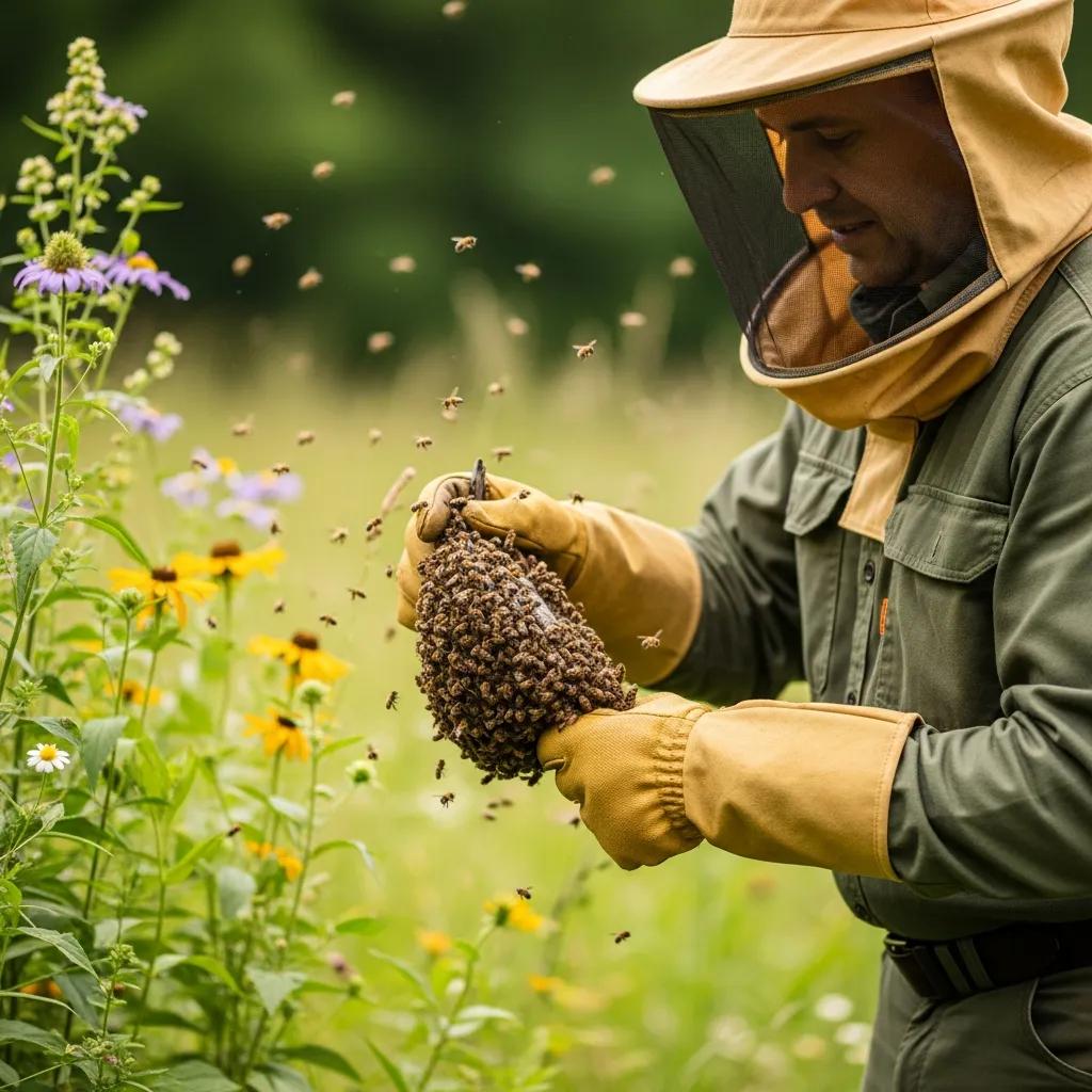 Professional bee removal expert handling bees humanely in a natural setting