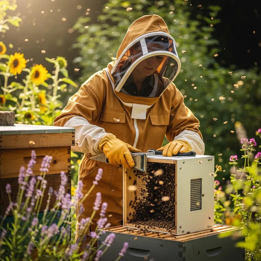 Professional beekeeper in protective gear handling a beehive, emphasizing humane bee removal techniques amidst blooming flowers and sunlit garden.