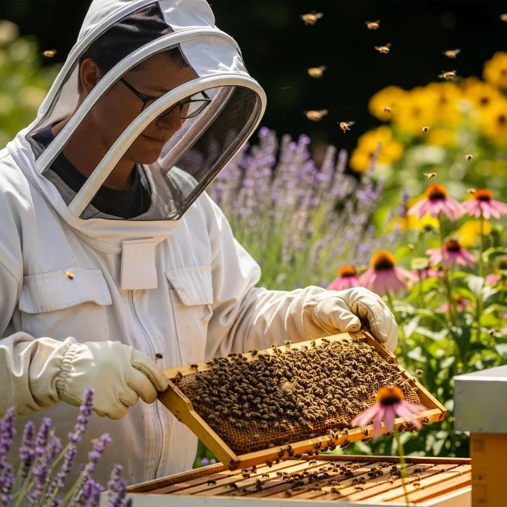 Professional beekeeper handling a honey bee colony in a sunny garden, emphasizing humane bee removal