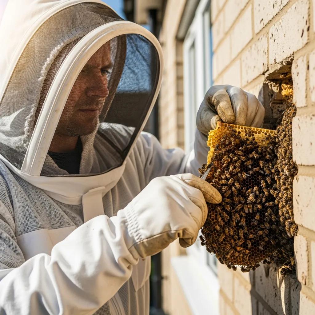 Professional beekeeper inspecting a bee colony in a wall cavity, highlighting safe bee removal practices