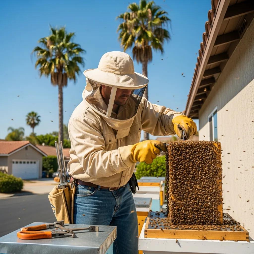 Professional beekeeper removing a bee hive in Southern California