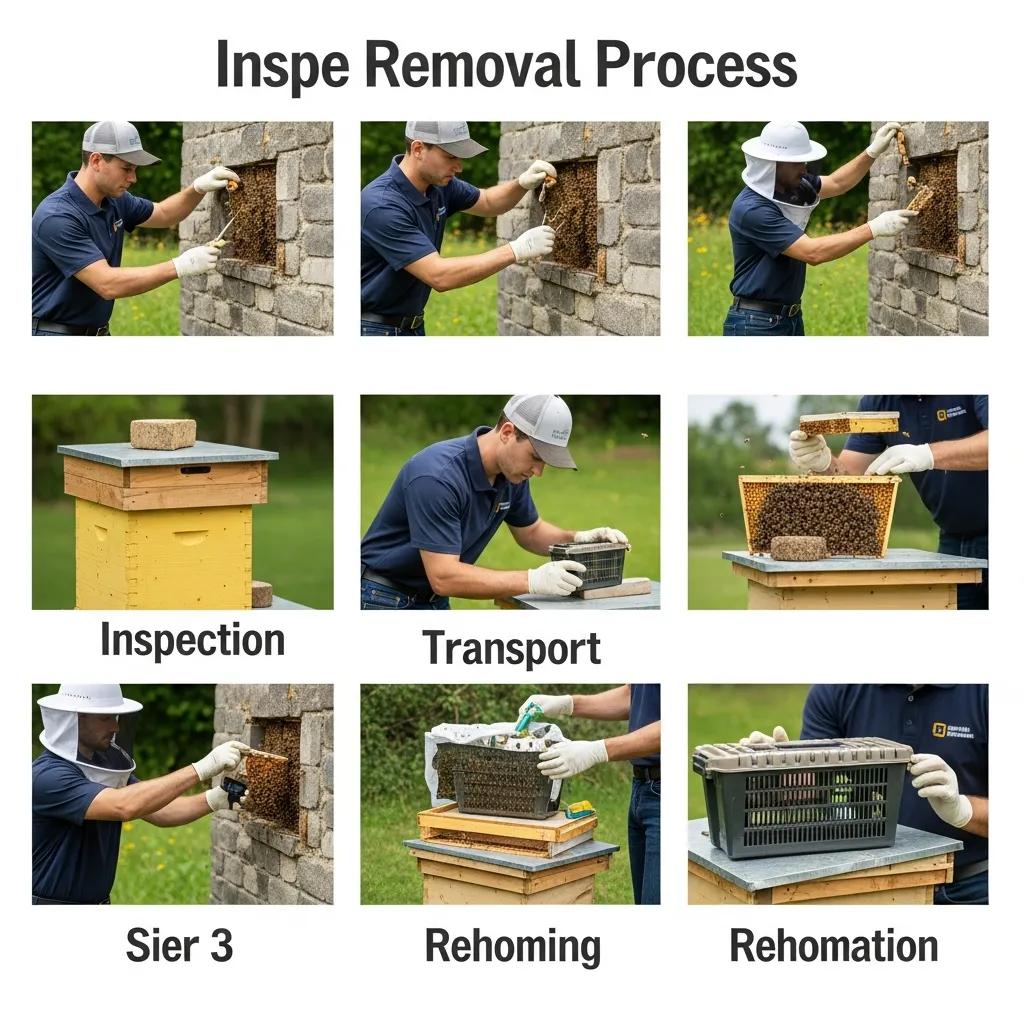 Illustrated steps showing humane bee removal and relocation to an apiary