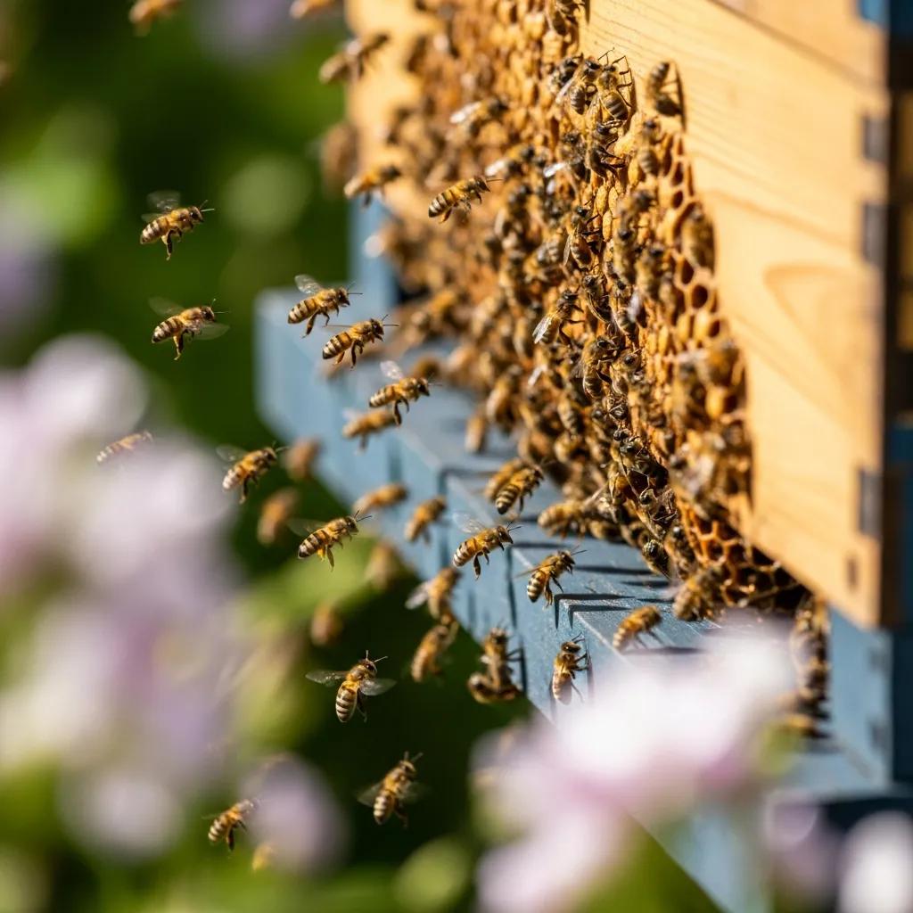 Close-up of a busy bee hive with bees flying around, highlighting the importance of bee colonies