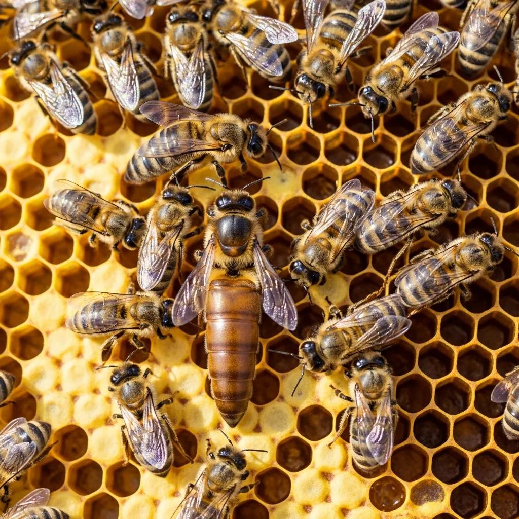 Close-up of a queen bee with worker bees showing size and features