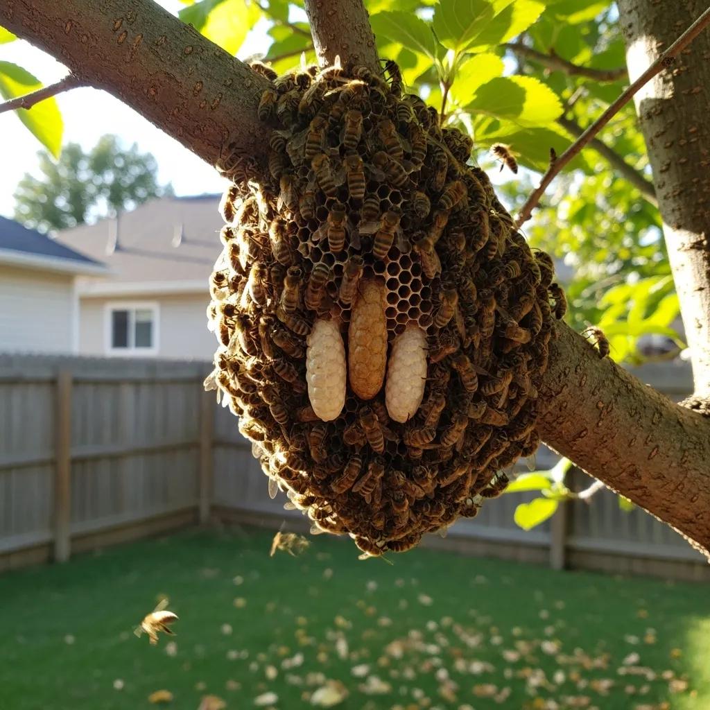 Cluster of bees hanging on a tree branch — an early sign a new hive may be forming