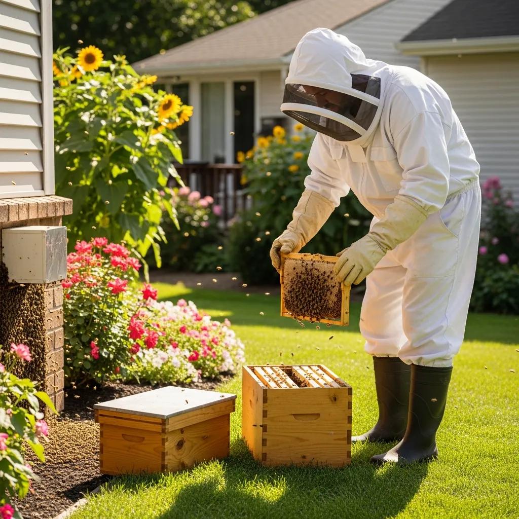 Professional bee removal expert relocating a hive, showcasing humane bee management practices