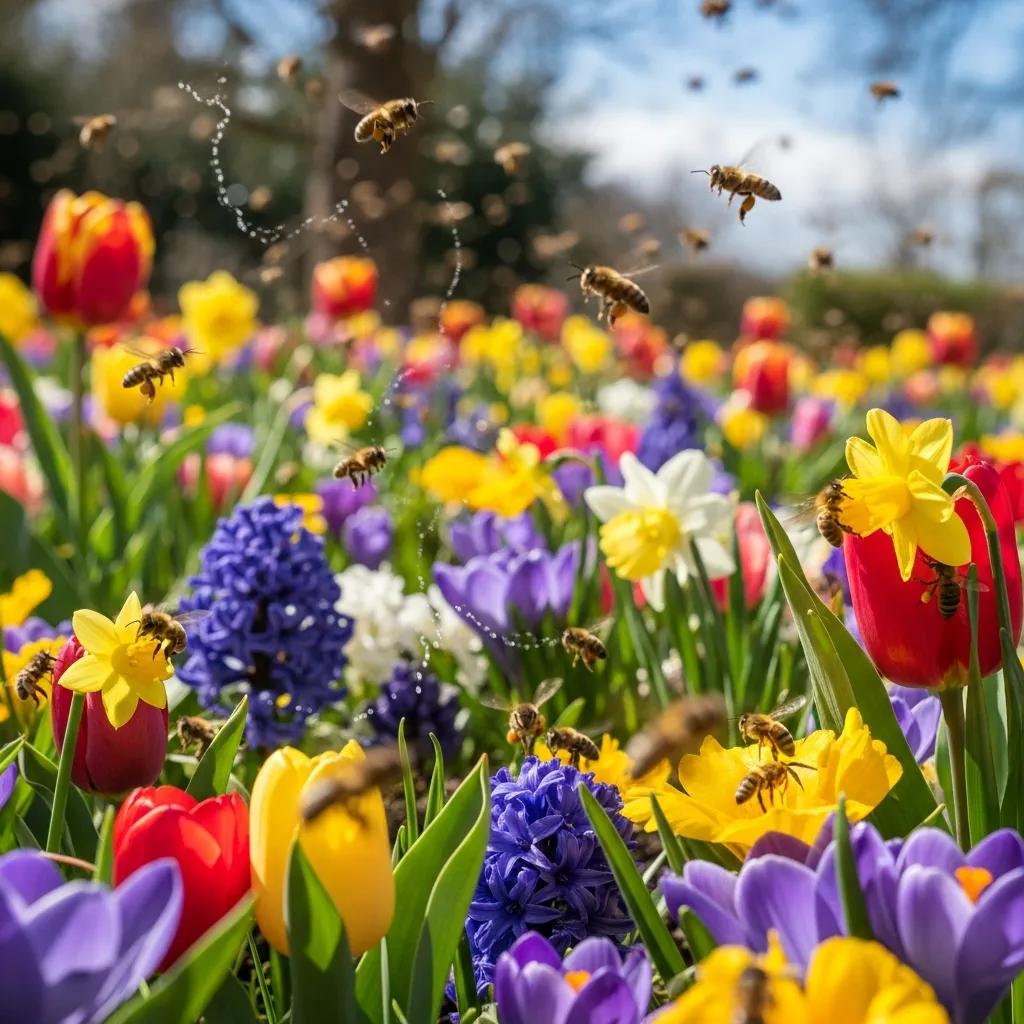 Swarm of bees in a blooming garden, showing the spike in spring bee activity