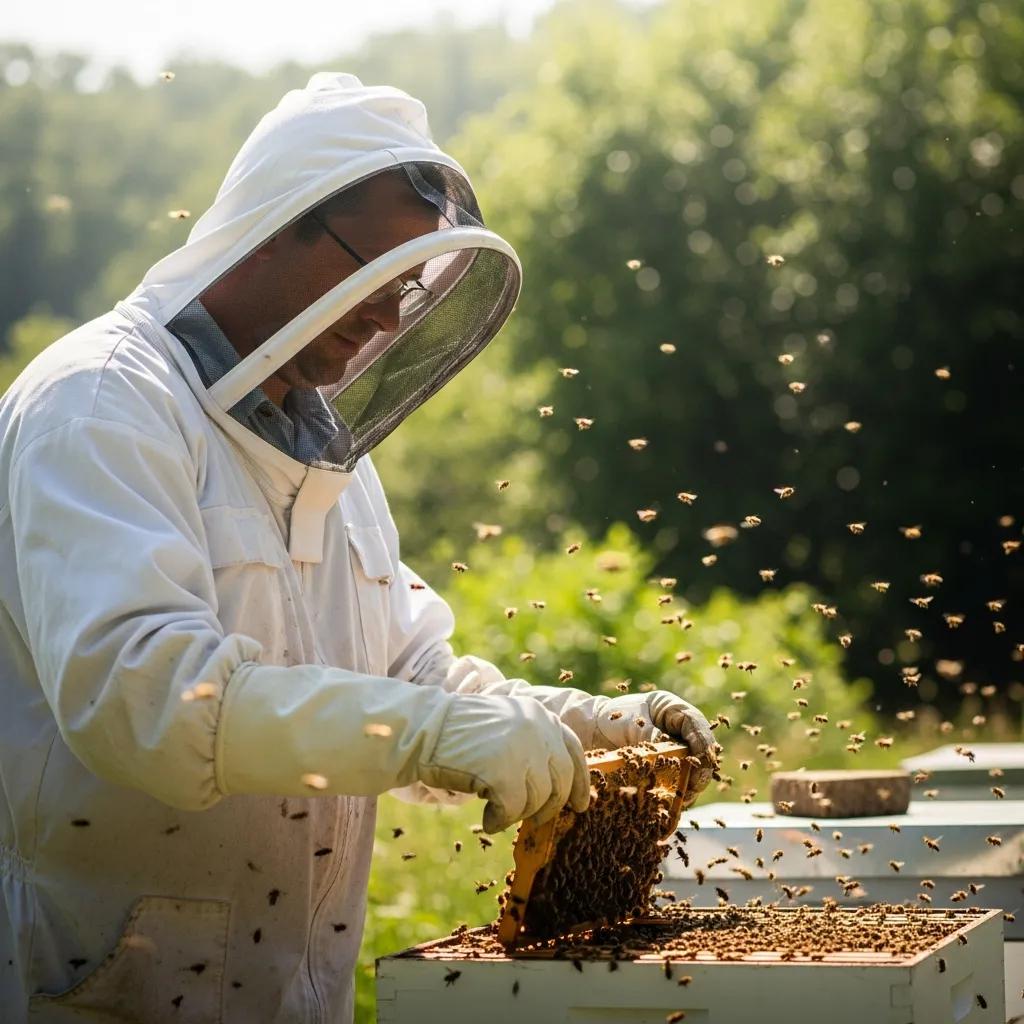 Professional beekeeper handling a bee hive in a natural setting, emphasizing humane bee removal