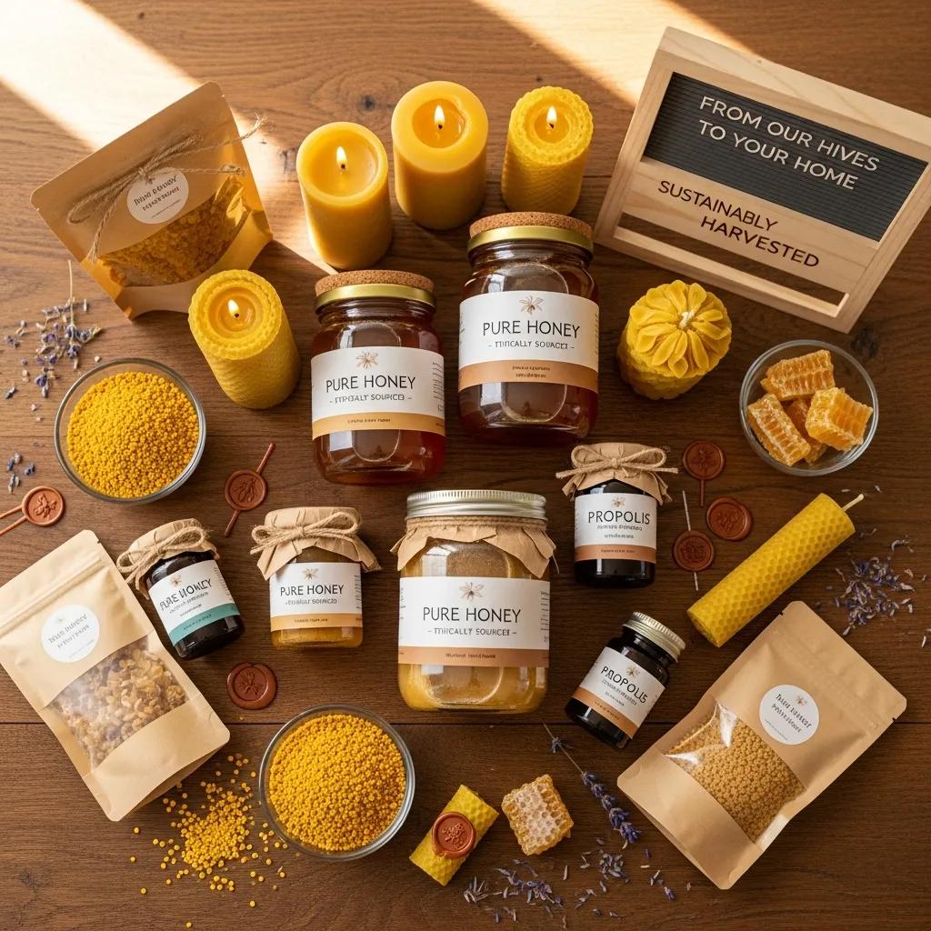 Selection of ethically sourced honey and beeswax products — sustainable beekeeping
